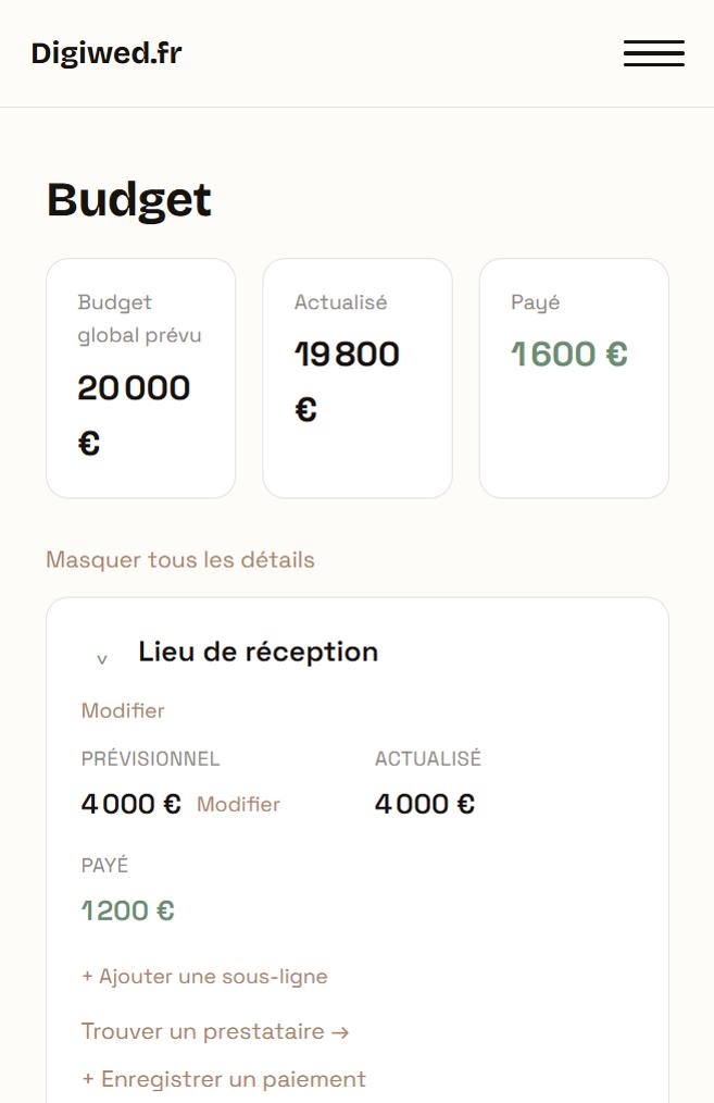 Écran Budget de l'application : budget global, actualisé et payé, par poste
