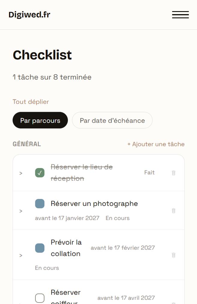 Écran Checklist de l'application : tâches avec leurs échéances et leur avancement