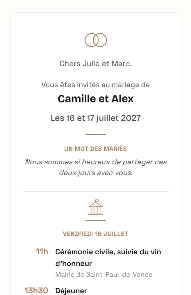 Faire-part reçu par un invité : Vous êtes invités au mariage de Camille et Alex