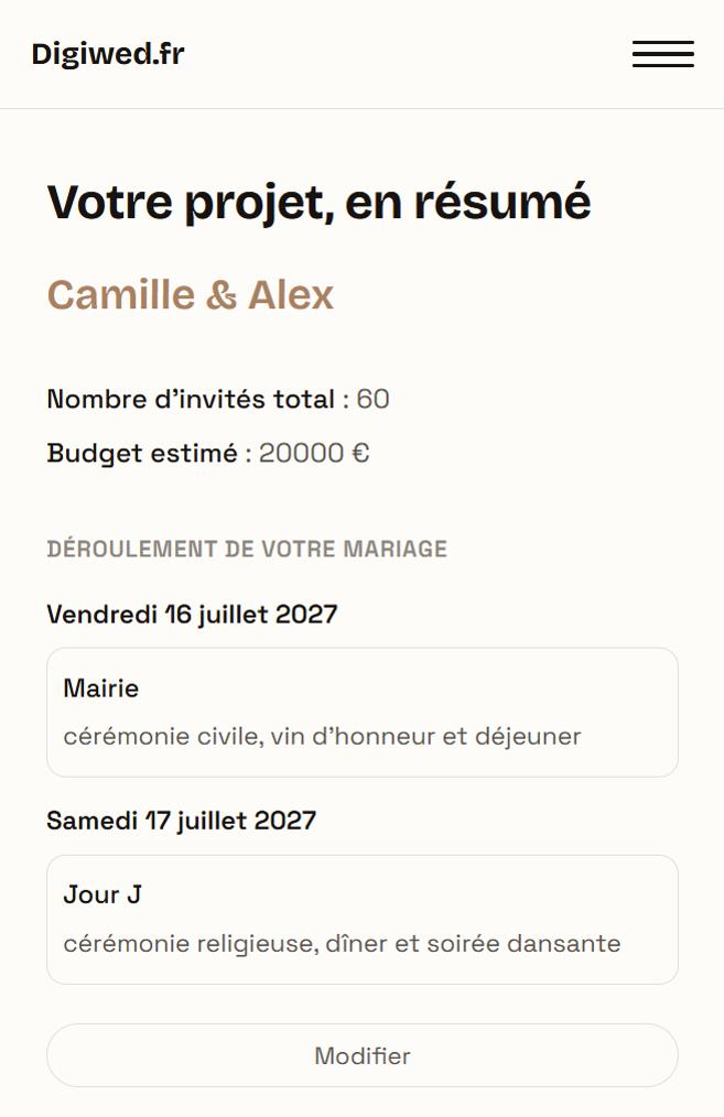 Écran Résumé de l'application : Camille et Alex, 60 invités, budget de 20 000 €, déroulé sur deux journées